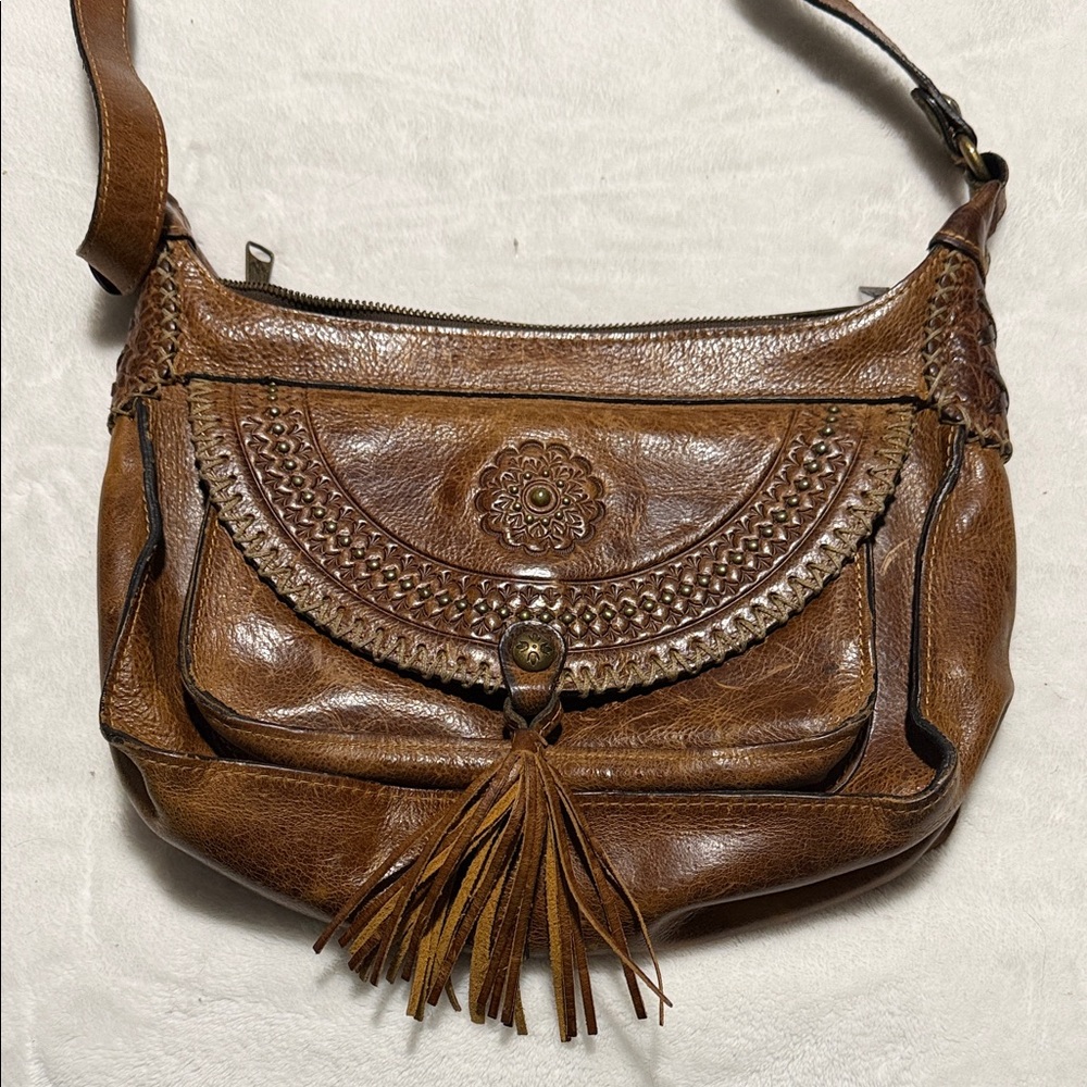 Patricia Nash Tan Leather Shoulder Bag with Tassel